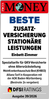 FOCUS-MONEY-Siegel: Beste Zusatzversicherung stationäre Leistungen, Einbettzimmer – MeinKrankenhausschutz Best (KHB03), Allianz-Tarif in Kooperation mit der AOK Baden-Württemberg, DFSI Ratings, Ausgabe 39/2026