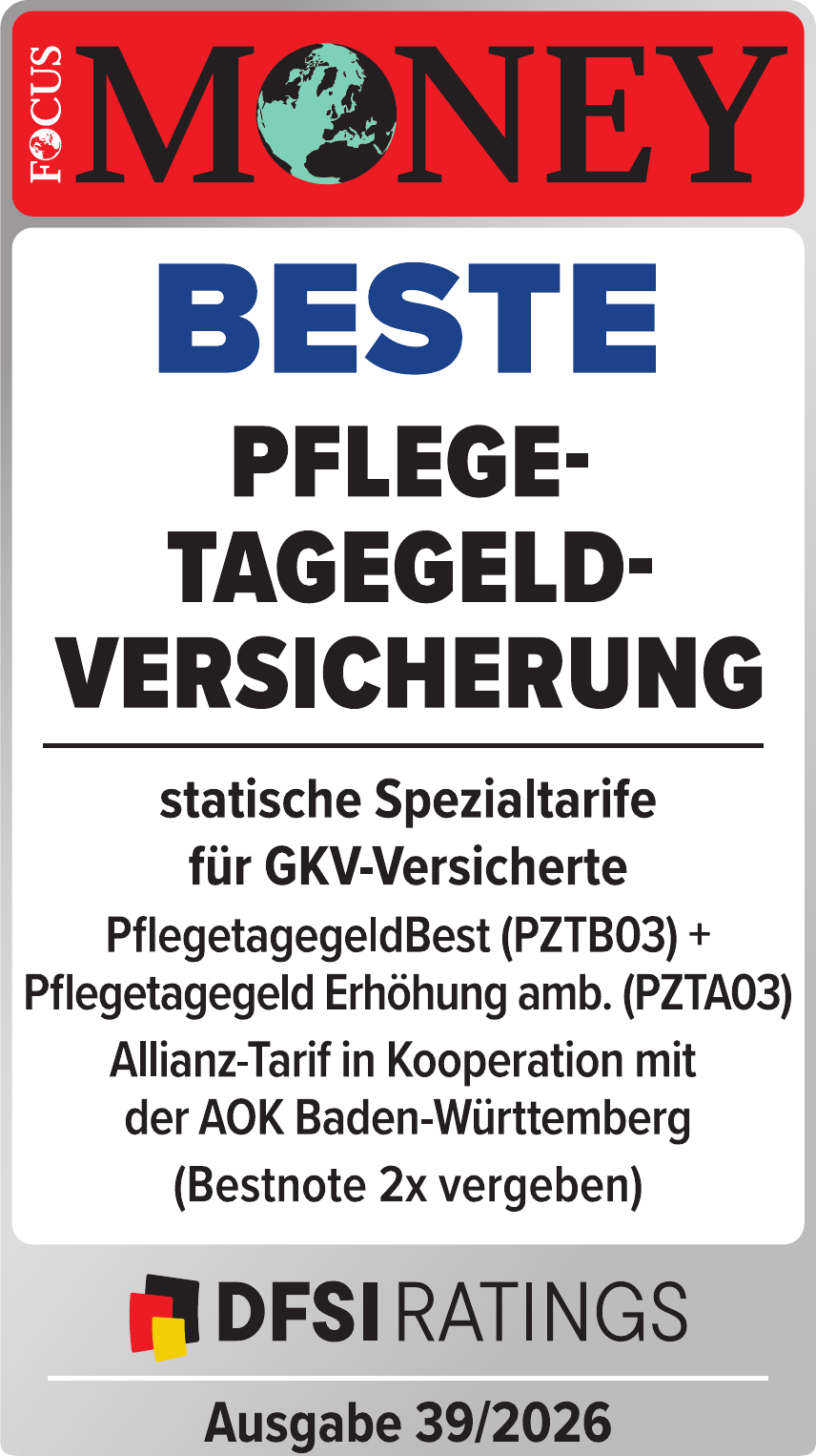 FOCUS-MONEY-Siegel: Beste Pflegetagegeld-Versicherung – PflegetagegeldBest (PZTB03) + Pflegetagegeld Erhöhung ambulant (PZTA03), Allianz-Tarif in Kooperation mit der AOK Baden-Württemberg, DFSI Ratings, Ausgabe 39/2026