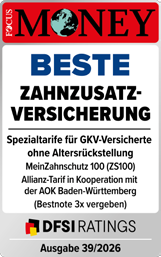 FOCUS-MONEY-Siegel: Beste Zahnzusatzversicherung – MeinZahnschutz 100 (ZS100), Allianz-Tarif in Kooperation mit der AOK Baden-Württemberg, DFSI Ratings, Ausgabe 39/2026