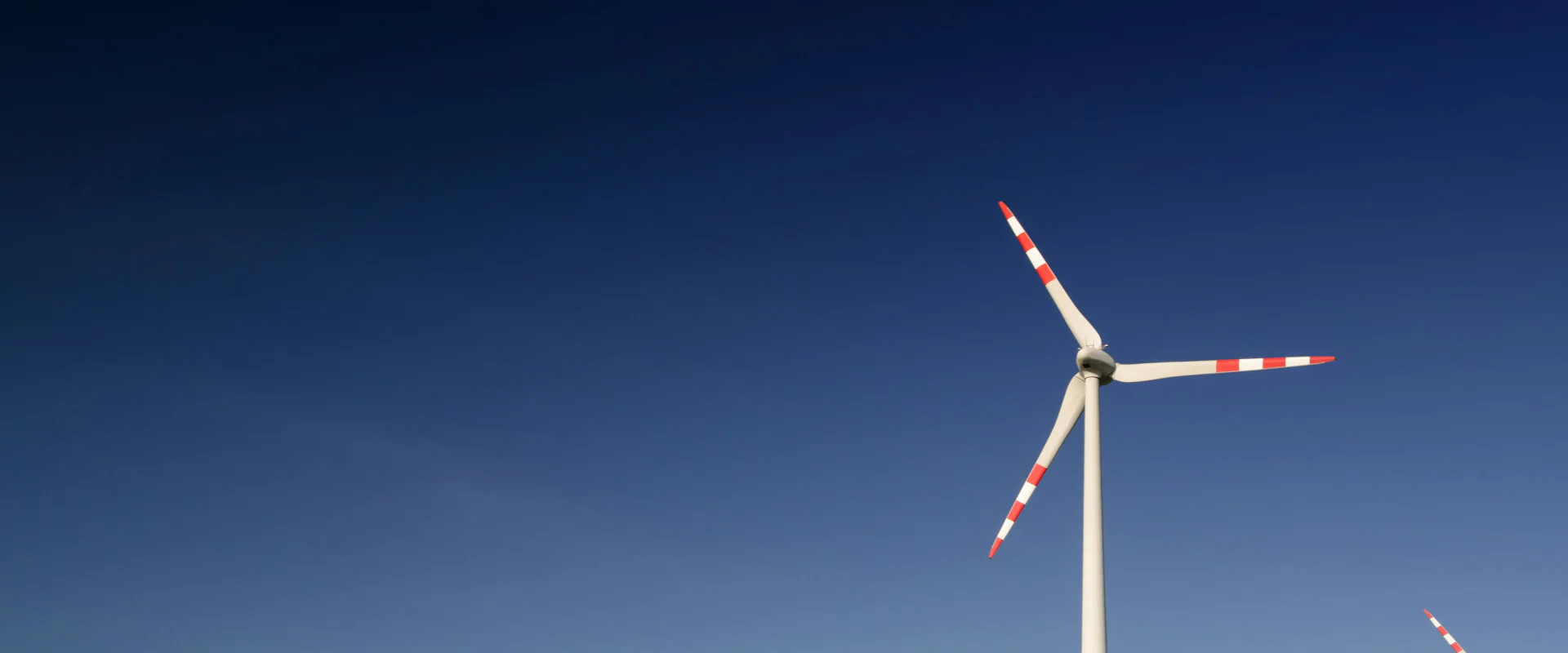 Windkraftanlagen über einem blühenden Rapsfeld unter blauem Himmel
