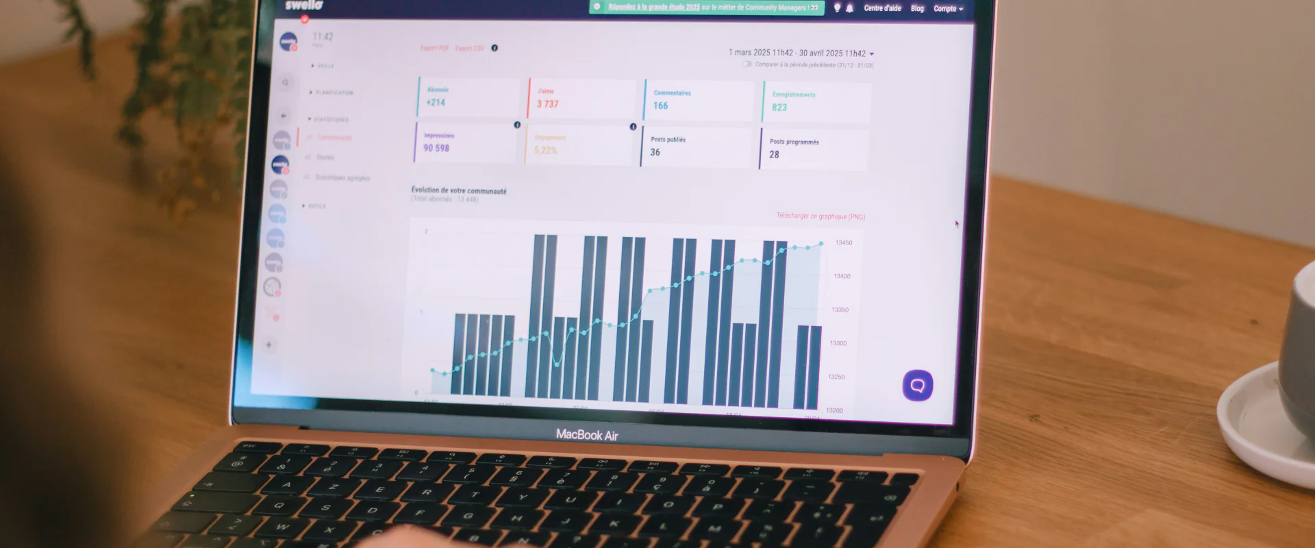 Laptop mit Dashboard und Balkendiagramm auf einem Holztisch